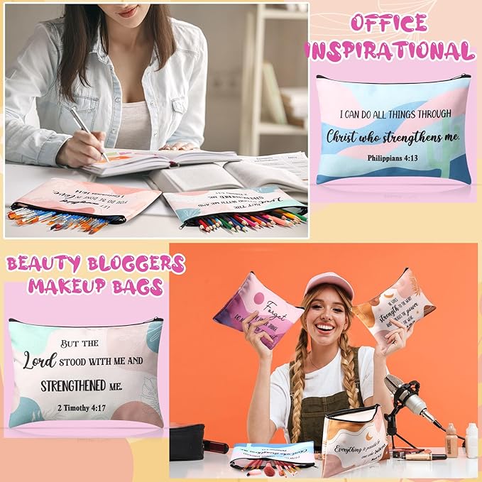 24 Pcs Christian Makeup Bag Bible Cosmetic Bags Inspirational Bible Verse Toiletry Pouches Canvas Motivational Pouches with Zipper for Women Organize Cosmetics Toiletries Stationery(Boho)