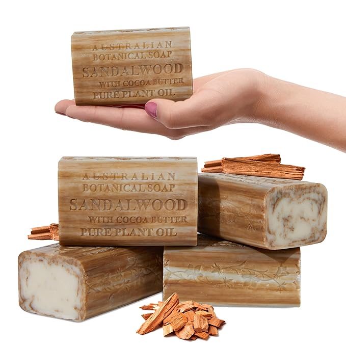 Australian Botanical Soap Sandalwood with Cocoa Butter 6.6 oz Luxury Soap Bars Enriched with Shea Butter, Suitable for Men, Women and All Skin Types, Pack of 4
