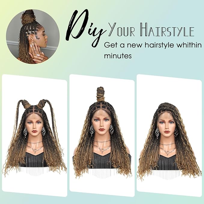 18" 13x8 Inch HD Lace Front Boho Box Braided Wigs With Cruls Ends Short Knotless Box Braid Wig for Women Full Braided Lace Front Wig With Baby Hair Blonde Natural Color