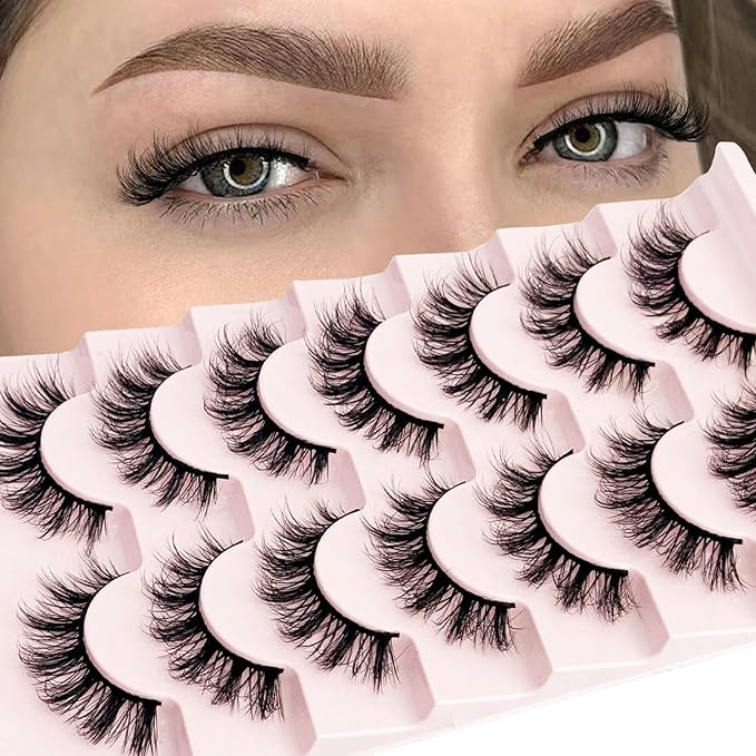 Short Lashes Natural Look Mink Lashes Fluffy Wispy Lashes Strips Russian D Curl NINGLASH False Eyelashes Cat Eye Lash that Look Like Extensions Fake Eyelash 14mm Faux 3D 7 Pairs Lash Pack