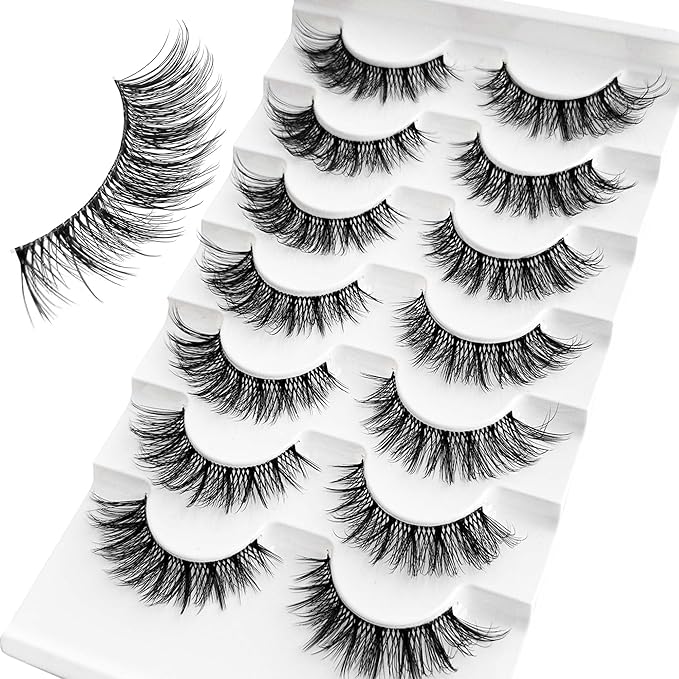 Ninglash Wispy Lashes Strips False Eyelashes Clear Band Natural Look 14mm Faux 3D Mink Lashes 7 Pairs Fluffy Cat Eye Lash Pack