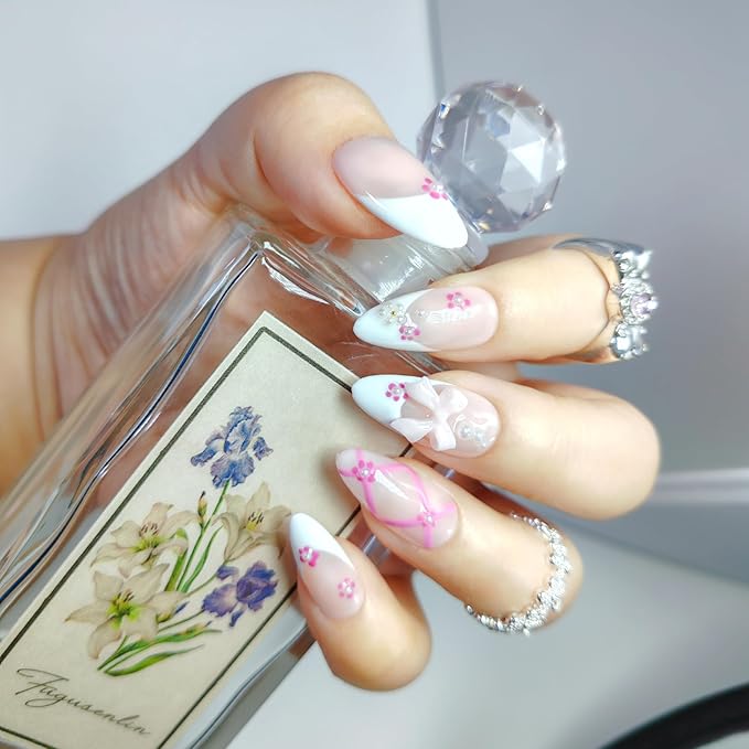Almond Press on Nails Handmade Medium Long/Stiletto 3D Flower Fake Nail with Designs, Women Reusable False Nails (Pink White French, S)