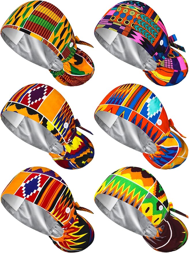 6 Pcs Satin Lined Scrub Caps Women Nurse Surgical Hat with Buttons Ponytail Working Adjustable Pouch Tie Back