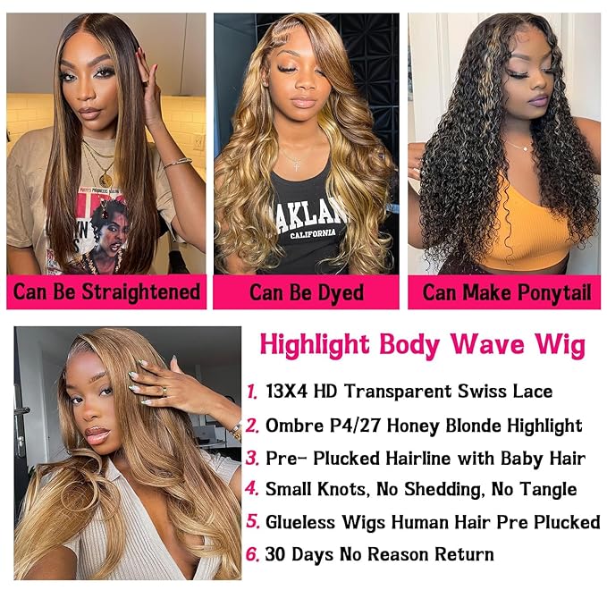 34 Inch Highlight Lace Front Wigs Human Hair Pre Plucked With Baby Hair 4/27 Colored 13x4 Body Wave Lace Frontal Wigs 180% Density Honey Blonde Lace Frontal Wig For Women