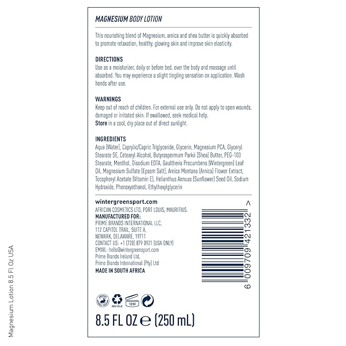 Magnesium Lotion, Pure Magnesium PCA, Shea Butter, Arnica Montana, Seed Oil, & Vitamin E, 8.5 Fl Oz (250 ml)