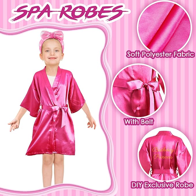 Jecery 18 Pcs Spa Party Supplies for Girls 6 Satin Kimono Robe 6 Spa Headband 6 Disposable Foam Pedicure Slippers (Rose, Size 14)