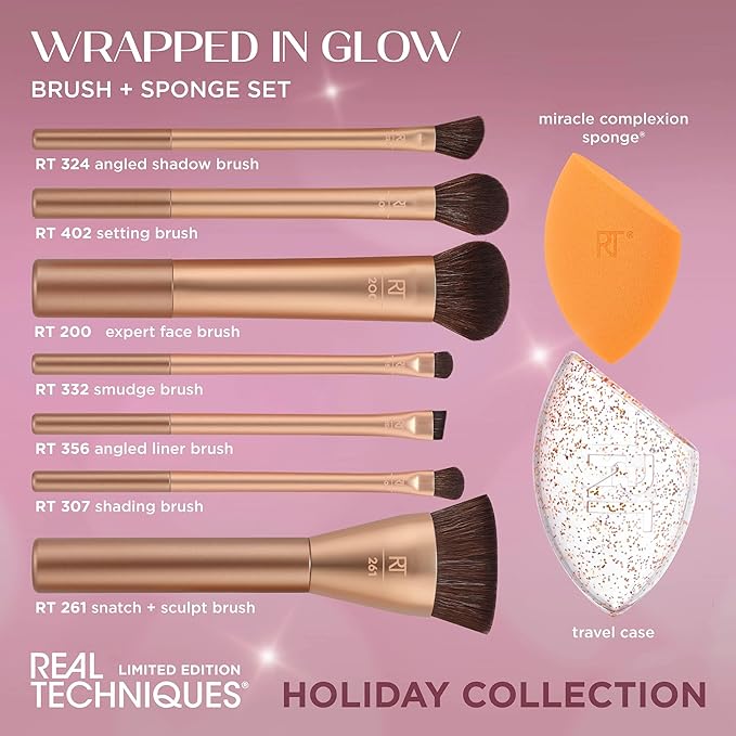 Real Techniques Wrapped In Glow Brush + Sponge 9 Piece Holiday Gift Set, Complete Makeup Brush Set, Foundation Sponge, Seamless Blending & Travel Case, Stocking Stuffer, Limited Edition, Latex-Free