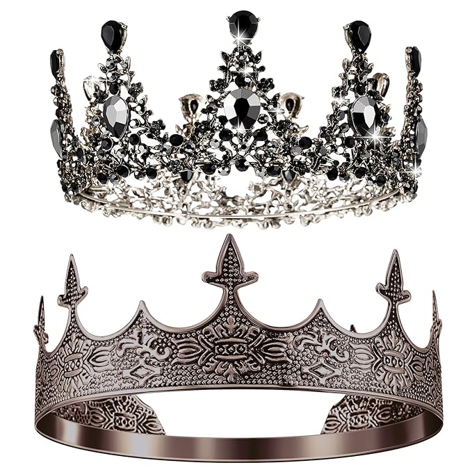 Sureio 2 Pcs Antique Royal King Crown for Men Baroque Queen Crown for 2025 Graduation Prom Party Crystal Tiara Prom Cosplay Birthday Wedding Hair Headband Accessories(Stylish Style)