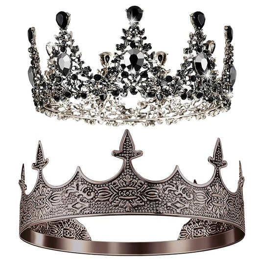 Sureio 2 Pcs Antique Royal King Crown for Men Baroque Queen Crown for 2025 Graduation Prom Party Crystal Tiara Prom Cosplay Birthday Wedding Hair Headband Accessories(Stylish Style)