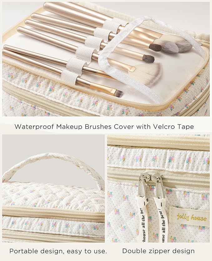 HBselect 2Pcs Travel Makeup Bag, Large Cotton Quilted Makeup Bag Cosmetic Bag Cute Make up Bag Toiletry Bags for Women Girls