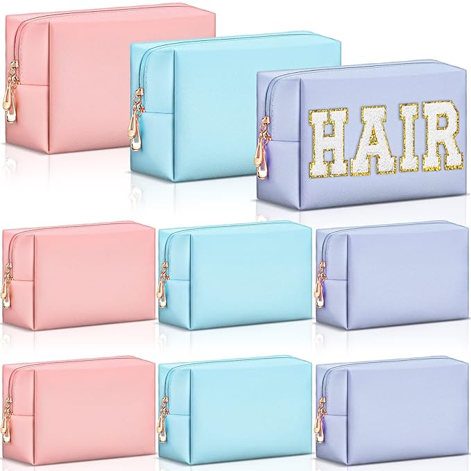Sanwuta 9 Pcs Preppy Makeup Bag PU Leather Cosmetic Bag Makeup Pouch Plain Waterproof Toiletry Organizers for Traveling Preppy Travel Purse End of the Year Teacher Gifts Bulk(Pink, Blue, Purple)