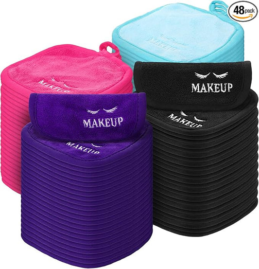 Queekay 48 Pcs Makeup Remover Cloths Reusable Washable Remover Pads Soft Microfiber Washcloths Facial Cloths Makeup Towels Holiday Gift for Women, 5 x 5 Inch(Black, Blue, Purple, Rose Red)