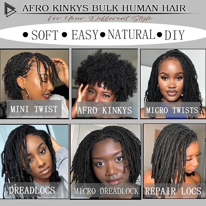 Afro Kinkys Bulk Human Hair 10 Inch 50g Nature Black Afro Kinky Curly Human Hair Bulk for Dreadlock Extensions, Micro Locs, Braiding Twists, Braids and Repair Locs(10 Inch, 1b#)