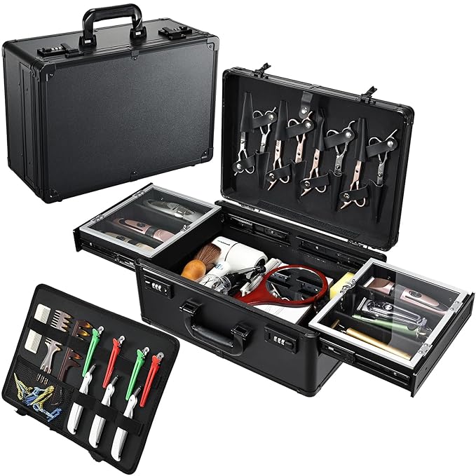 Barber Case 6 Clippers Sliding Tray, Profesional Barbers Briefcase Tool Case, Barber Cases for Clippers and Supplies, Hair Scissors Trimmer Organizer, Salon Hair Grooming Hard Travel Suitcase