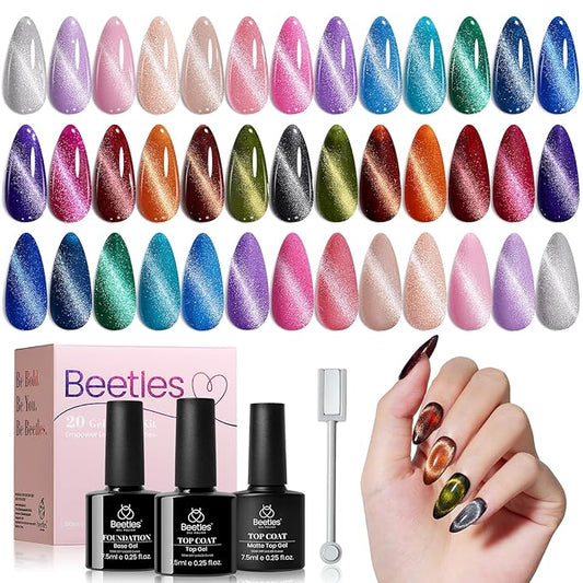 Beetles 20 Colors Cat Eye Gel Nail Polish Set with Base Gel and Matte Glossy Top Coat, Nude Pink Green Blue Nail Polish Lush Velvet with Magnet Soak Off LED Manicure Salon DIY Art Gifts for Women