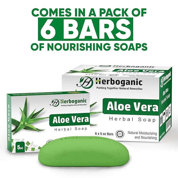 Aloe Vera Herbal Soap | Pack of 6 of 5oz soap Bar | Ideal for Men and Women, Soothing and Nourishing Soap for Moisturization
