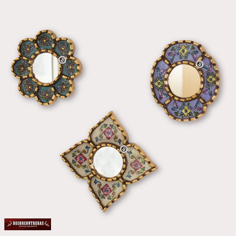 Small Accent Wall Mirror set of 3 - Decorative Vintage mirrors of 6" for wall decor, Peruvian Mirrors Vanity with bronze leaf 'Miraflores'