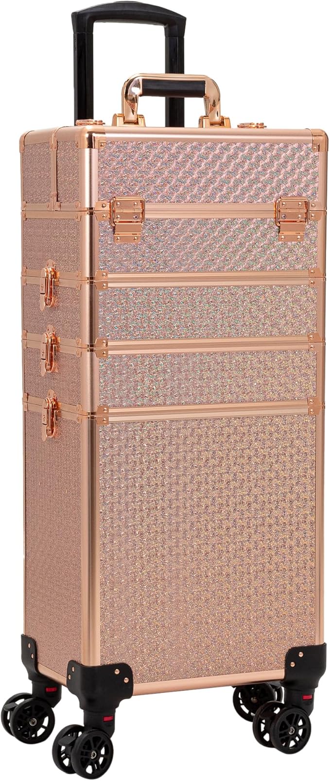 4 in 1 Portable Traveling Aluminum Professional Makeup Trolley Cart with Multiple-Sized Compartments and Wheels (baby's breath gold)