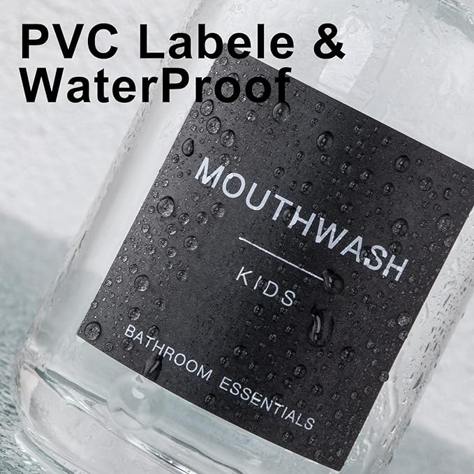 Black Glass Mouthwash Dispenser with Cups, 12.7 oz, 2 Pack - Clear Mouthwash Bottle with 304 Stainless Steel Spout & Minimalist Labels, Style Mouthwash Container for Bathroom