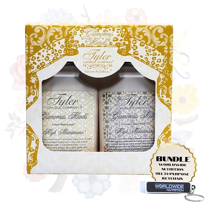 Worldwide Nutrition Bundle: Tyler High Maintenance Glamorous Hand Wash and Hand Lotion Gift Set - 2 Pack, 8 Oz Hand Cream Pump Bottles for Skin Care and Multi-Purpose Key Chain