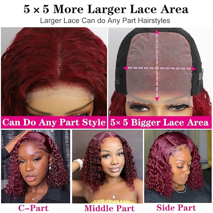 5×5 Closure Bob Wig Human Hair Glueless Wigs Human Hair Pre Plucked Pre Cut Short Curly Human Hair Wig Water Wave Middle Part 99j Red Wigs for Women Lace Frontal Wigs for Black Women 14Inch