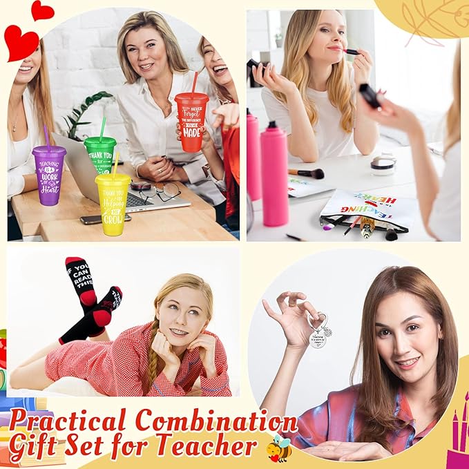 24 Pcs Teacher Appreciation Gift from Students 2025 Teachers' Day Thank You Gifts Bulk 24 oz Plastic Tumbler Cup Makeup Cosmetic Bag with Zipper Crew Sock Keychain for Retirement(Vibrant)
