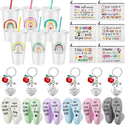 24 Pcs Teacher Appreciation Gift from Students 2025 Teachers' Day Thank You Gifts Bulk 24 oz Plastic Tumbler Cup Makeup Cosmetic Bag with Zipper Crew Sock Keychain for Retirement(Rainbow)
