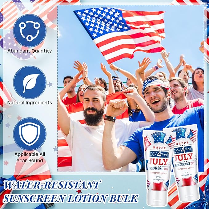 24 Pcs Mini Sunscreen Bulk for Summer Wedding Party Spf 30 Water Resistant Sunscreen Lotion Bulk 1oz Travel Size for Thank You Gifts Wedding Party Supplies(White Cream,Independence Day)