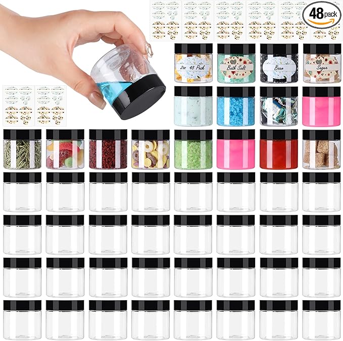 2 oz Plastic Jars with Lids - 48Pack, Round Clear Plastic Jars for Cream, Lotion, Powder, Ointment