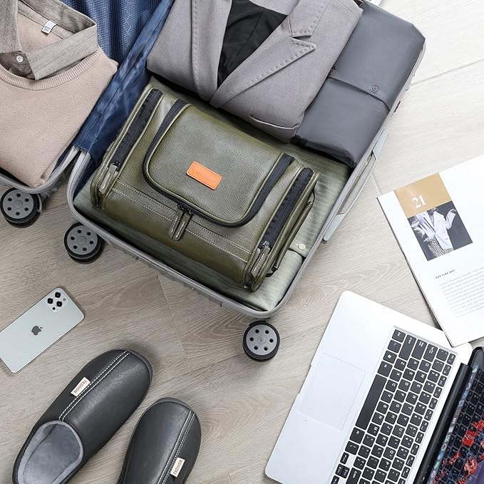 MIRASON Hanging Toiletry Bag for Men PVC Leather Dopp Kit Waterproof Travel Organizer Bag with Sturdy Metal Hook and Handle for Bathroom Shower Cosmetics Camping Brushes Shaving (Green)