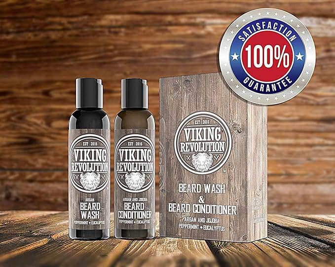 Viking Revolution Beard Shampoo and Conditioner Set - Top-tier Beard Care Kit with Argan & Jojoba Oils for Healthy Beard Growth, No Itching or Irritation, Rich Lather, Eucalyptus Scent (10 oz)