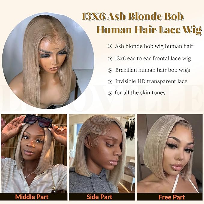 Ash Blonde Bob Wig Human Hair Glueless 13x6 Lace Front Wigs Human Hair Pre Plucked Silky Straight Ash Blonde Short Bob Wigs for Women 8 Inch 180% Density HD Lace Frontal Wear and Go Wig Free Part