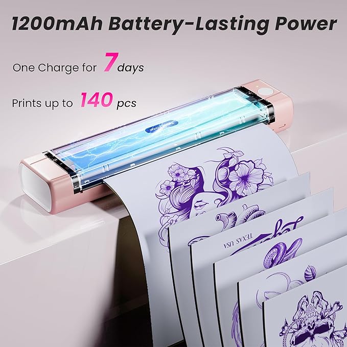 2025 New Version Tattoo Stencil Printer with 10pcs Transfer Paper, Wireless Thermal Tattoo Transfer Printer, Bluetooth Portable Tattoo Machine Compatible with Smartphone & Pad, Pink