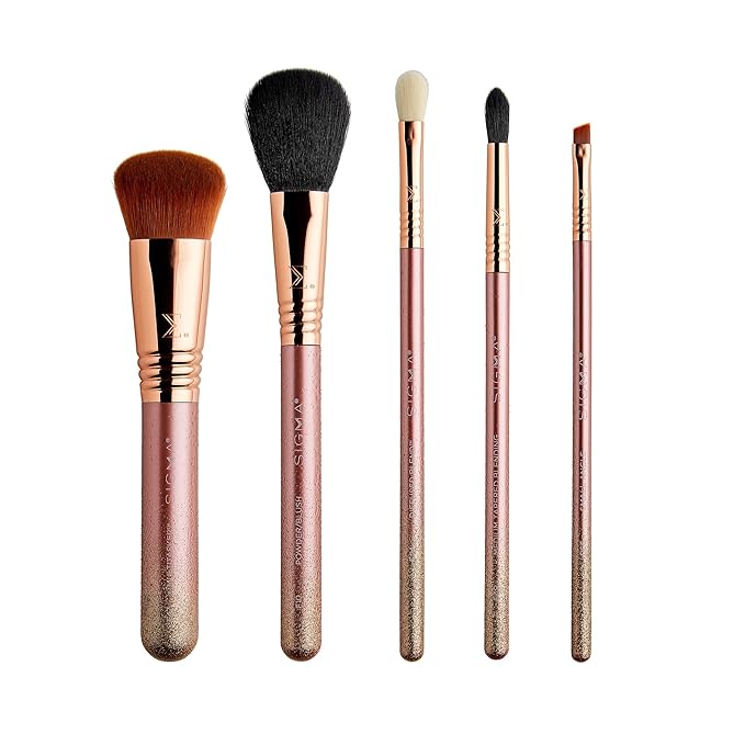 Sigma Beauty Modern Beauty Makeup Brush Set – Set of 5 Face and Eye Makeup Brushes for Eyeshadow, Blending Setting, Highlighting, Concealing & Contouring, Includes Rose Colored Small Makeup Bag