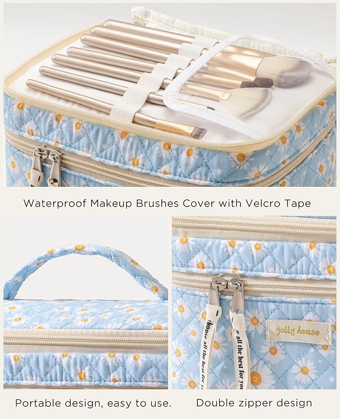 HBselect 2Pcs Travel Makeup Bag, Large Cotton Quilted Makeup Bag Cosmetic Bag Cute Make up Bag Toiletry Bags for Women Girls