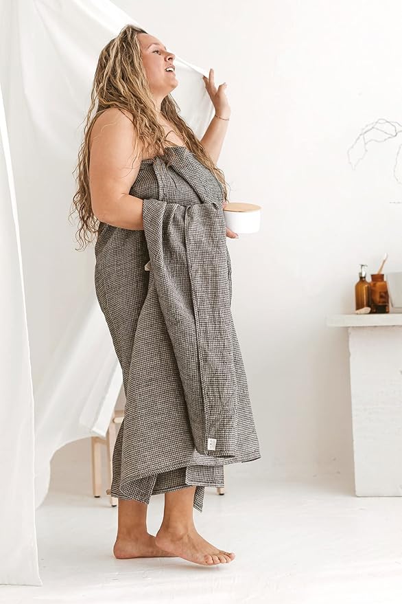 Pure 100% Linen Bath Towel - Quick Dry Towels for Travel Lightweight Waffle Towels for Bathroom 30 x 60-inch - Luxury Black-Natural Thin Hair Towel for Gym or Sauna - Sustainable Bath Sheet