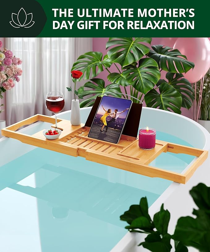 ROYAL CRAFT WOOD Premium Foldable Bathtub Tray - Wood Bath Tray for Tub, Bamboo Shelf, Expandable Bath Table Trays, Bathtub & Bathroom Accessories for New Home & Mothers Day & Birthday Gifts for Mom