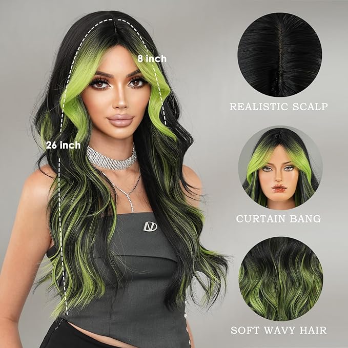 Black Wig Green Highlight Long Wavy Wig with Curtain Bang 26 Inch Ombre Black Green Wig Synthetic Heat Resistant for Women Daily Party used.