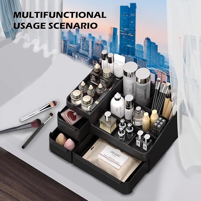 Makeup Organizer with Drawers, Countertop Organizer for Vanity, Bathroom and Bedroom Desk Cosmetics Display Case for Brushes, Lotions, Perfumes, Eyeshadow, Lipstick and Nail Polish