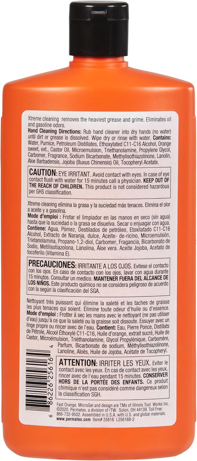 Fast Orange 25616 Xtreme Heavy Duty Hand Cleaner, Natural Citrus Scent, Waterless Cleaner For Mechanics, Strong Grease Fighter, Eliminates Odors while Protecting Skin 15 Fl. Oz
