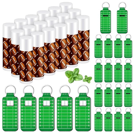 18 Sets Party Favors Lip Balm and Lipstick Holder Keychain Bulk Sport Ball Team Gifts Natural Moisturizing Lip Balm Keychains Pouch for Team Gifts Sports Party Supplies(Rugby)