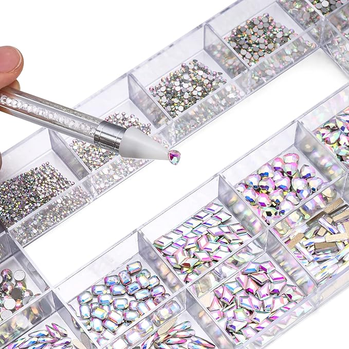 3100Pcs Nail Crystal Rhinestones Kit, Mix Shapes AB Glass, 3D Diamonds Flatback Crystals, with a Drill Pen, Nail Crystal Non Hotfix, Nail Art Decoration (AB Rhinestone)
