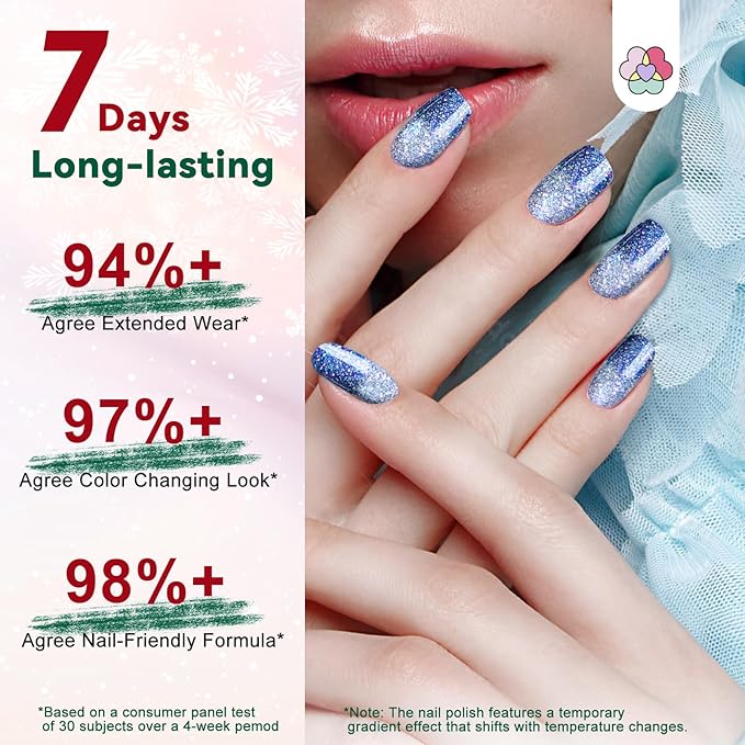 SAVILAND Color Changing Nail Polish Set: 12 Christmas Winter Colors Fingernail Polish Red Green Pink Air Quick Dry Temperature Change Mood Ombre Nail Polish with Top Base Polish Coat Women Home Nails