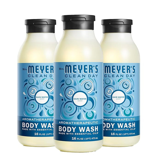 MRS. MEYER'S CLEAN DAY Moisturizing Body Wash for Women and Men, Biodegradable Shower Gel Formula Made with Essential Oils, Rain Water, 16 oz Bottle, Pack of 3