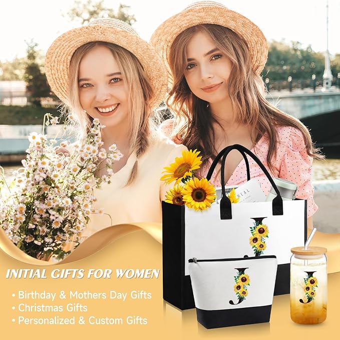 Personalized Gifts for Women, Monogrammed Gifts for Women, Initial Monogram Gifts Sunflower Birthday Gifts for Women Mom Sister Best Friends - Monogrammed Canvas Tote Bag & Makeup Bag & Glass Cup J