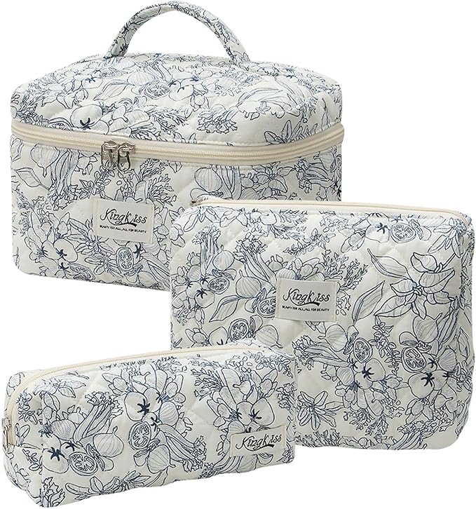 Quilted Floral Makeup Bag 3PCS, Cute Cotton Coquette Aesthetic Travel Toiletry Bag, Zipper Cosmetic Pouch, Daily Travel Use Skincare Bag, Large Capacity (Blue Ink Floral)