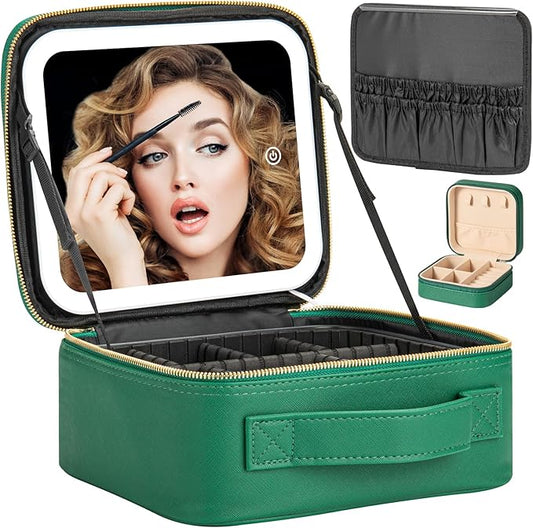 Makeup Travel Train Case with Mirror LED Light 3 Adjustable Brightness Cosmetic Bag Portable Storage Adjustable Partition Waterproof Makeup Brushes Makeup Jewelry Gift for Women