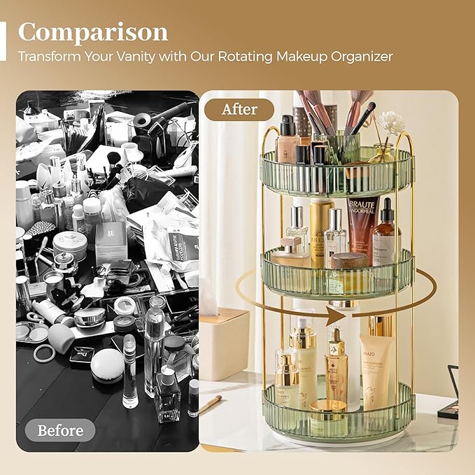 Aveniee 360 Rotating Makeup Organizer for Vanity, Perfume Storage with Brush Holder for Bathroom Countertop, 3 Tier Spinning Skincare Display Case for Lipstick Cosmetic Lotion (Green)