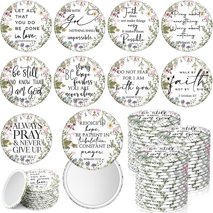 60 Pcs Mother's Day Christian Gifts Bulk Mini Christian Compact Mirrors Wildflower Bible Verse Pocket Purse Mirrors Religious Scripture Gifts for Women Spring Church Sunday School