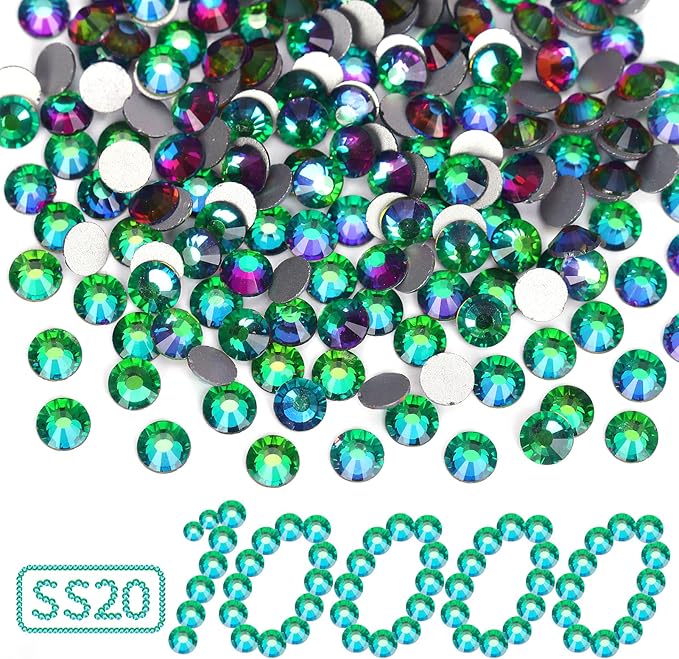 10000PCS Green Volcano Rhinestones Bulk, Flat Back Crystal Glass Stone Round Gems,SS20, 4.6-4.8mm